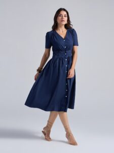 navy blue solid v neck half sleeves laced midi dress