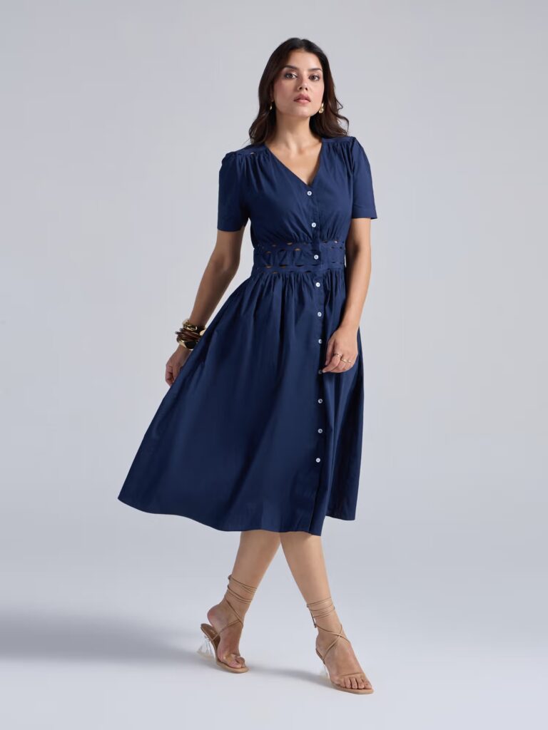 navy blue solid v neck half sleeves laced midi dress