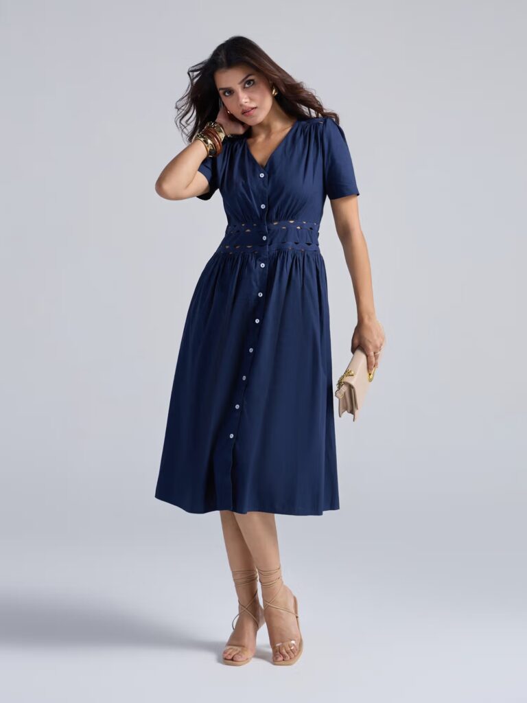 navy blue solid v neck half sleeves laced midi dress