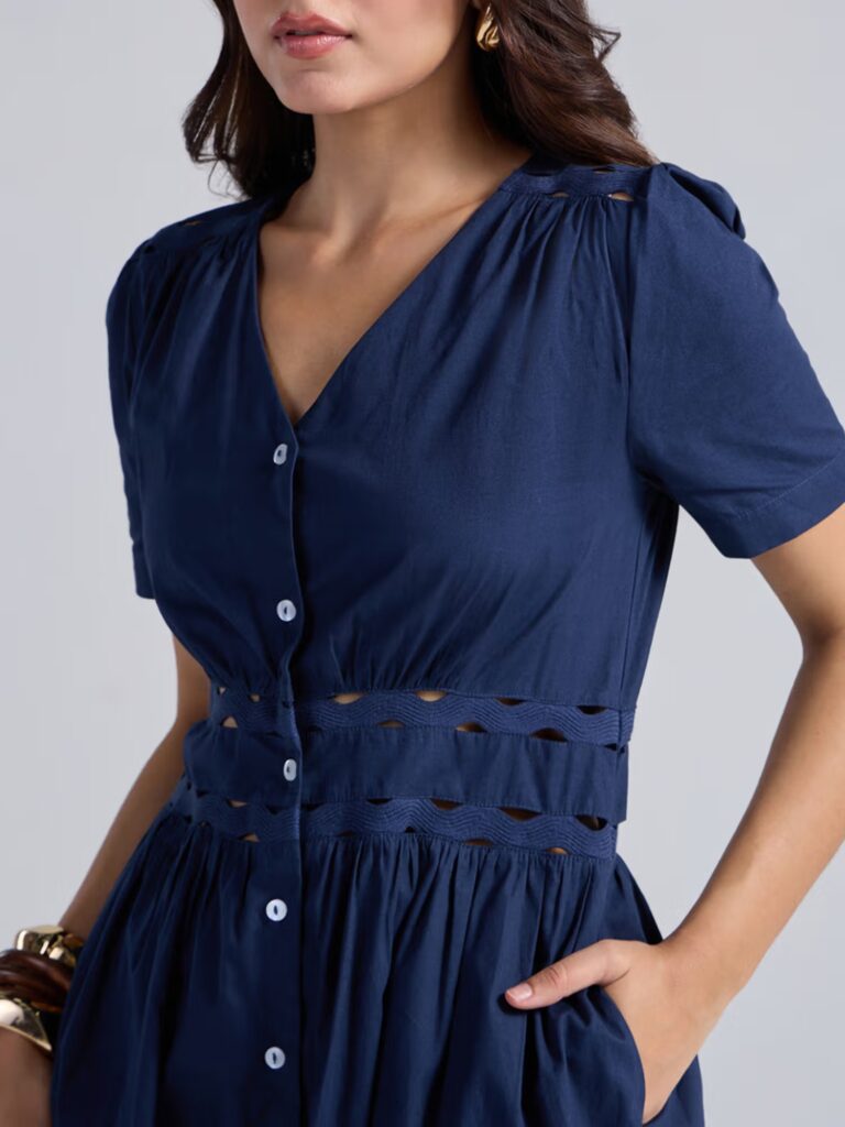 navy blue solid v neck half sleeves laced midi dress