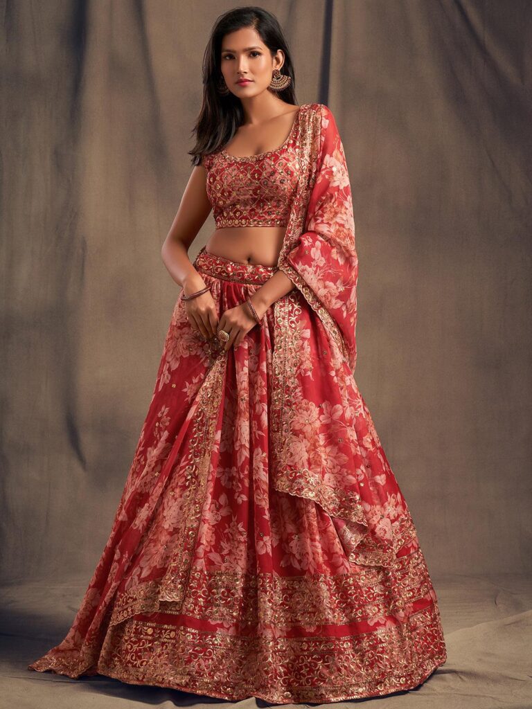 persian red floral printed lehenga choli with sequins zari embroidery work odette 1
